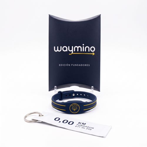 Waymino Edición Fundadores: caja regalo azul marino, pulsera del Camino de Santiago y llavero numerado 0,00 km Fundador