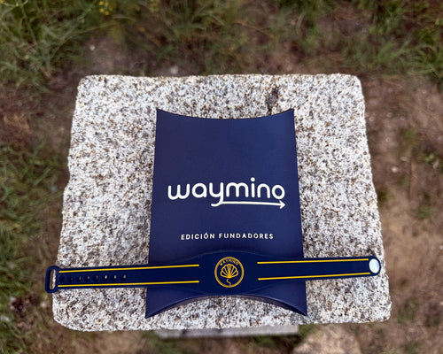Pulsera Waymino Edición Fundadores sobre su caja azul, encima de un muro de granito del Camino Portugués en O Porriño